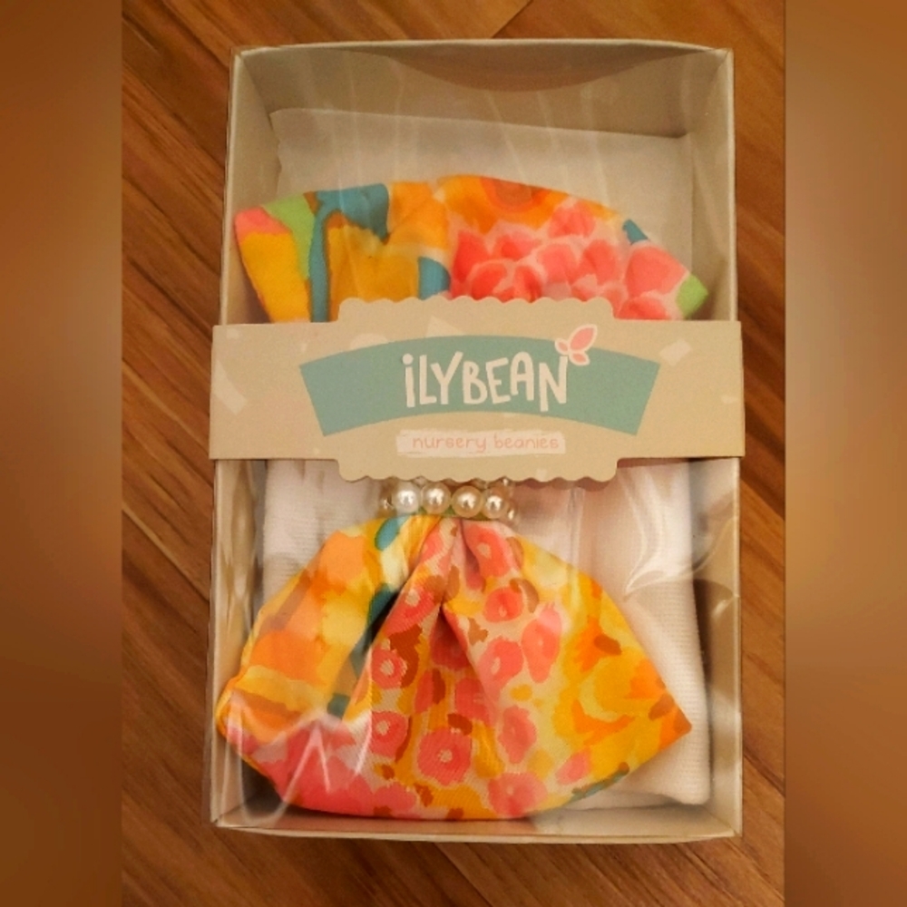 ILY Bean Floral Pearl Bow Beany Beanie White Hat for Newborn Baby Girl